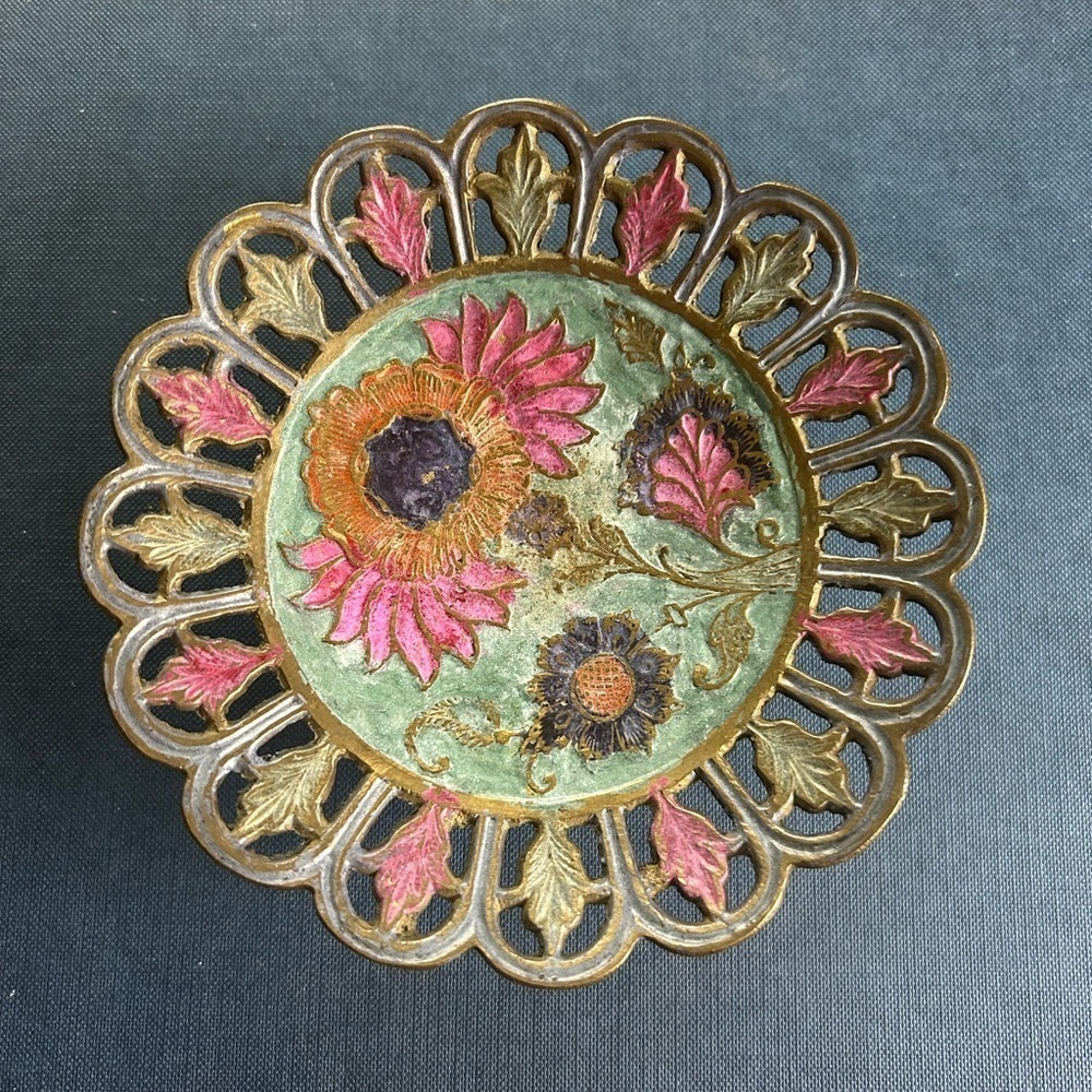 Vintage 5 In Closseine Pedestal Trinket Dish Lace Edge Orange Blue Green